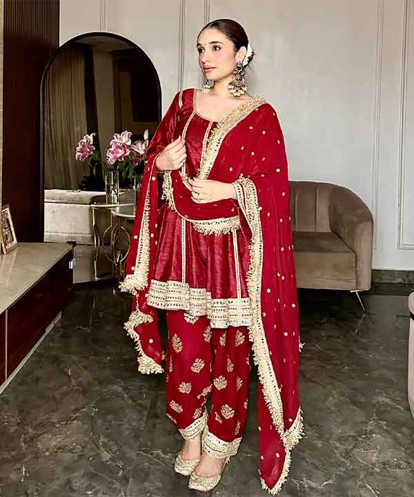 Maroon Raw Silk Short Kurta with Zari Work Salwar & Georgette Dupatta