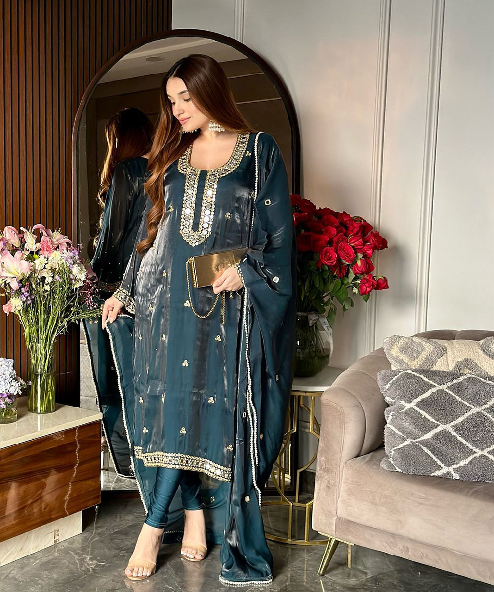 imported organza blue suit with Churidar Lycra leggings