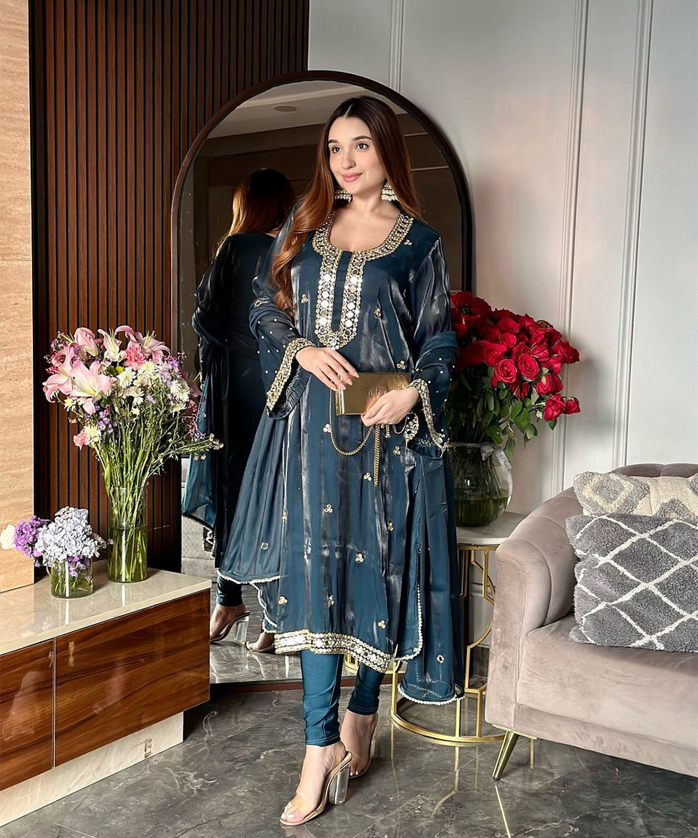 imported organza blue suit with Churidar Lycra leggings