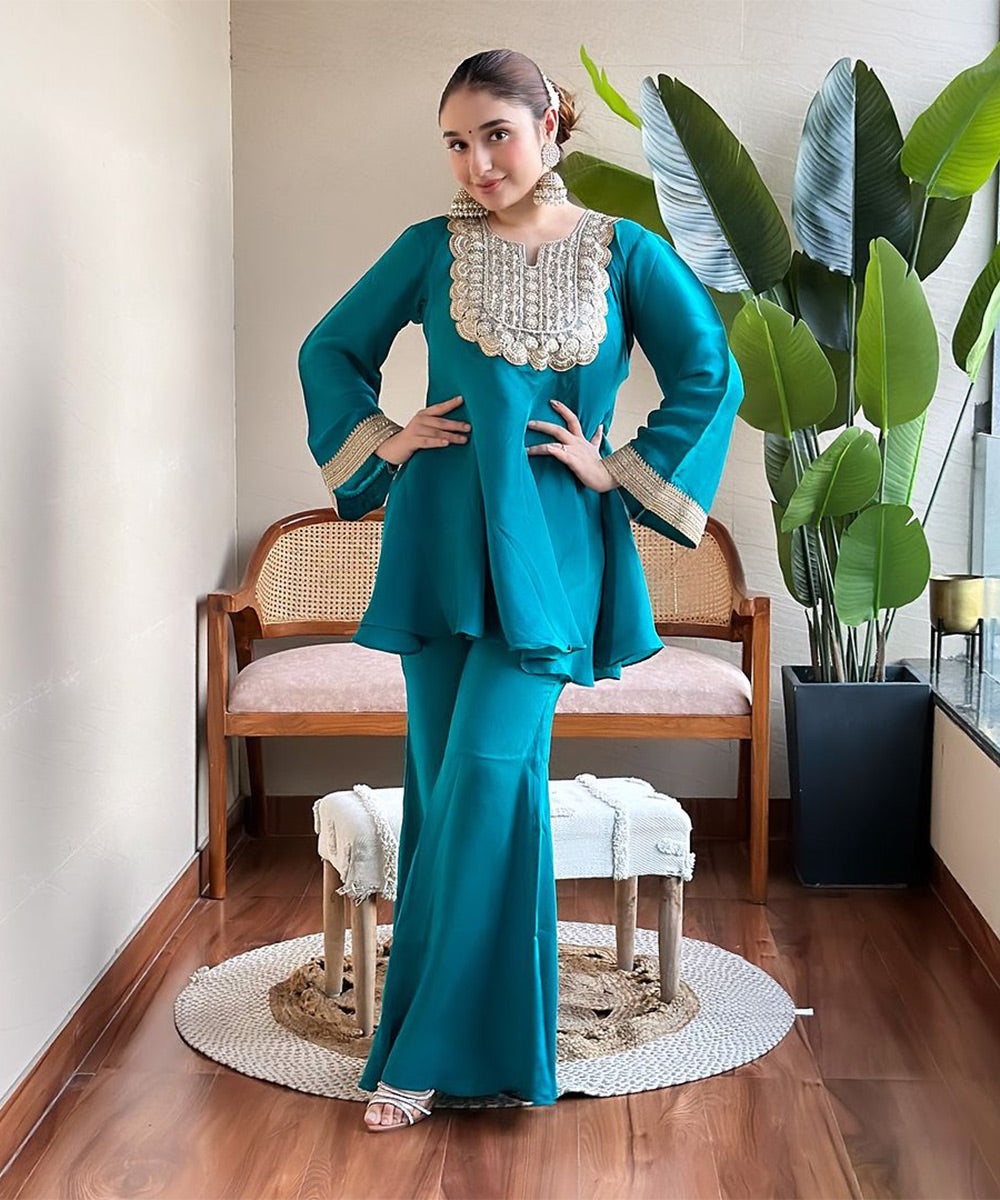 Silk turquoise blue Peplum suit