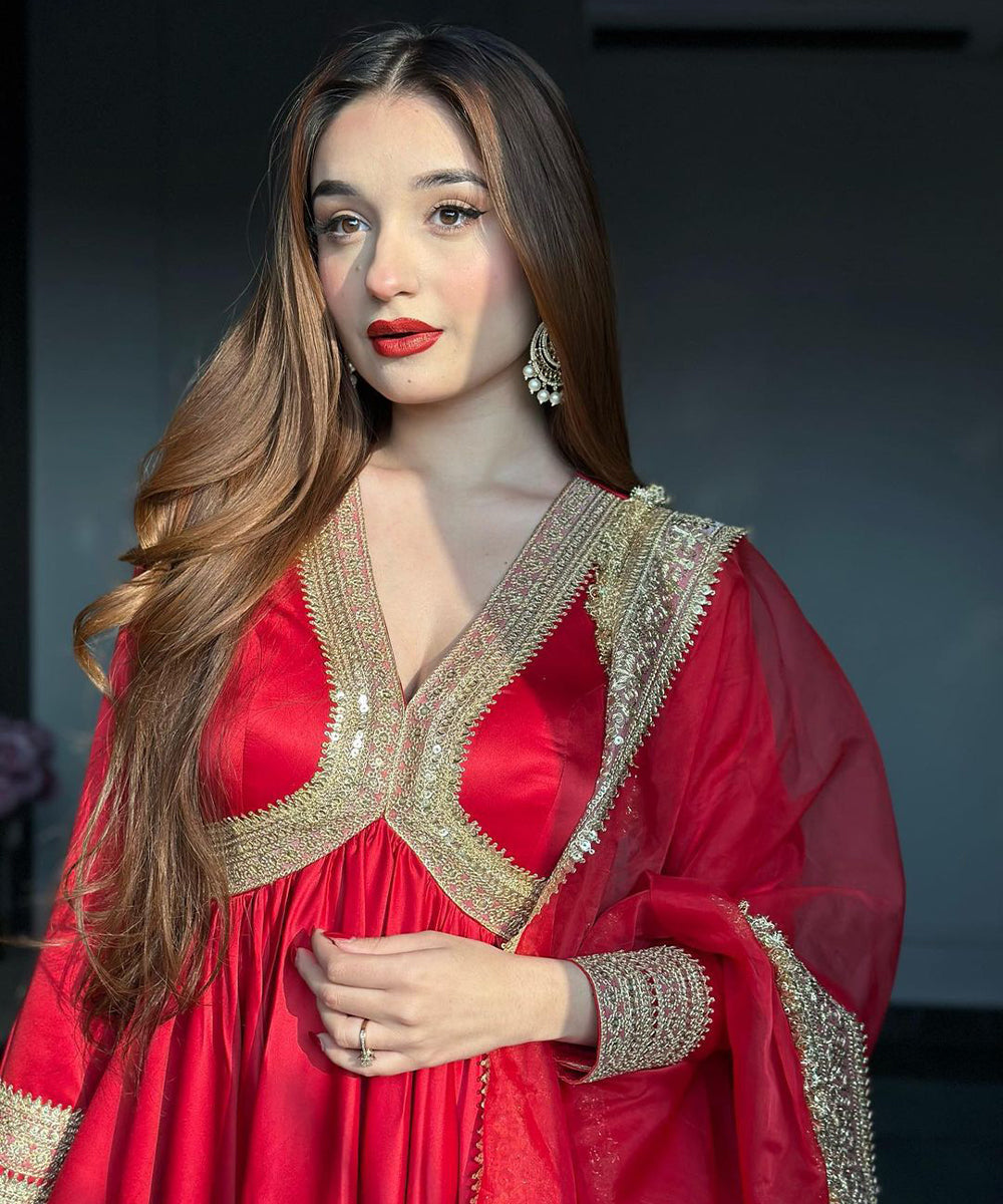 Red Anarkali gown and dupatta