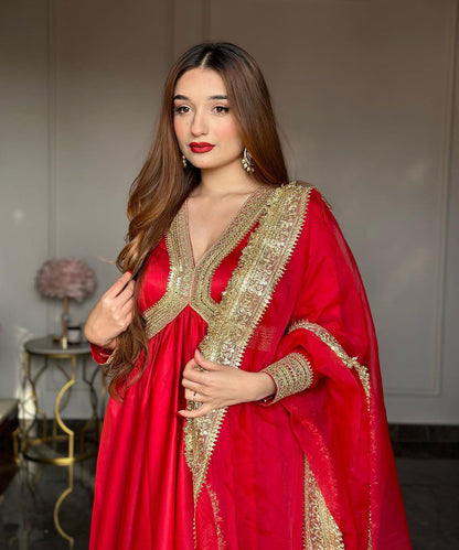Red Anarkali gown and dupatta
