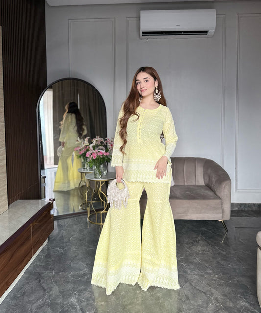 Lemon Yellow Cotton Chikankari Sharara Set