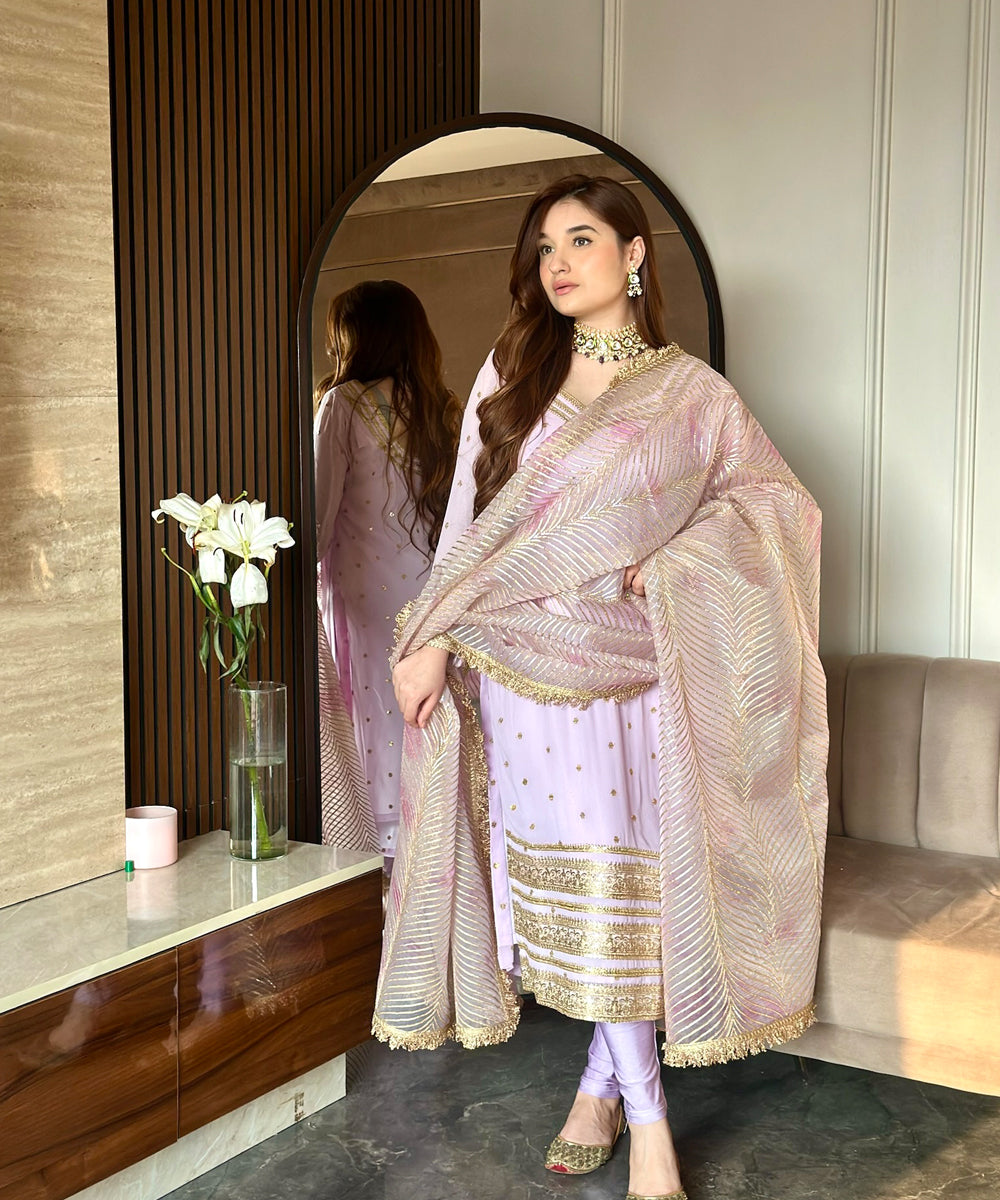 Georgette Pink Suit with Organza Dupatta & Lycra Leggings