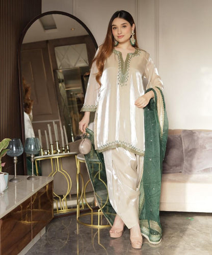 Imported organza ivory suit with green dupatta