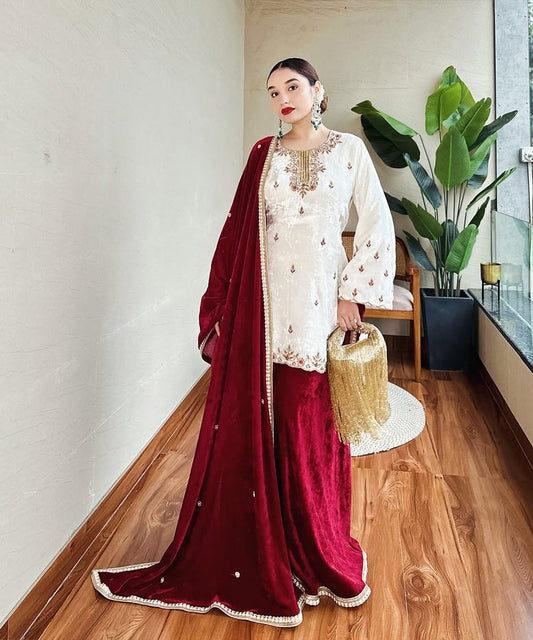 Ivory Velvet sharara with Deep Red Dupatta