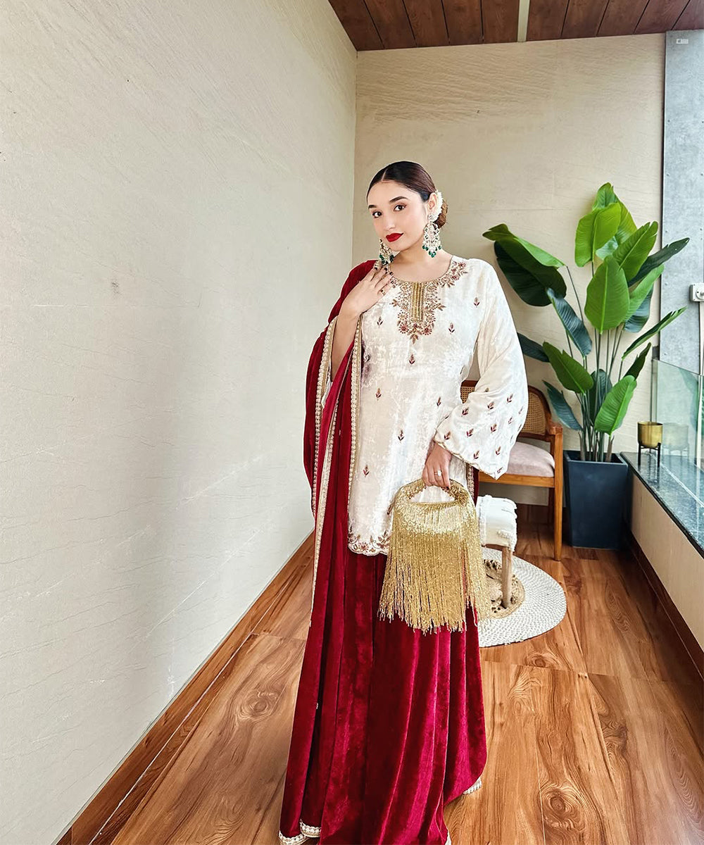 Ivory Velvet sharara with Deep Red Dupatta
