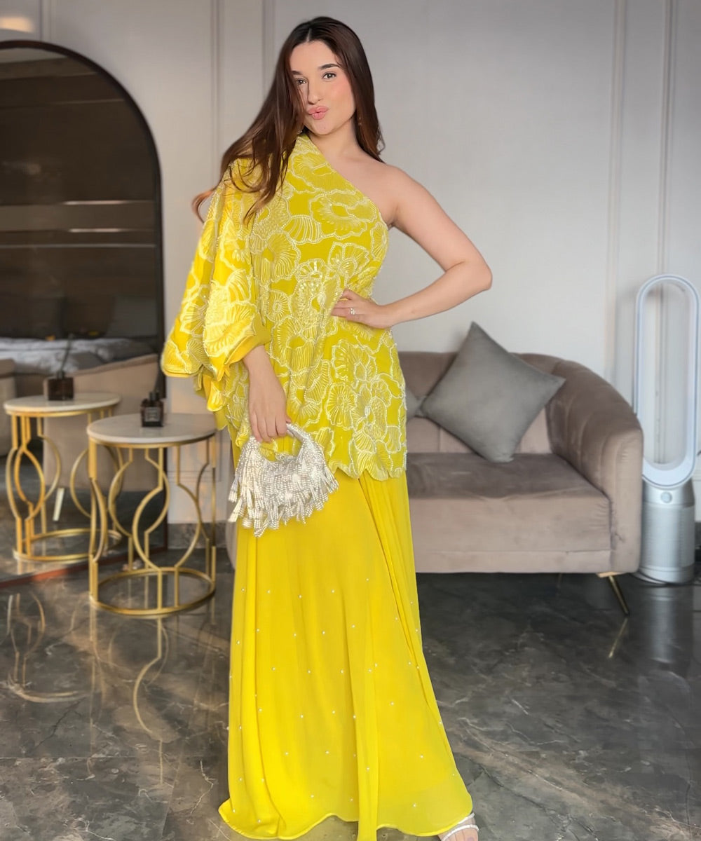 Yellow one-shoulder embroidered Dress