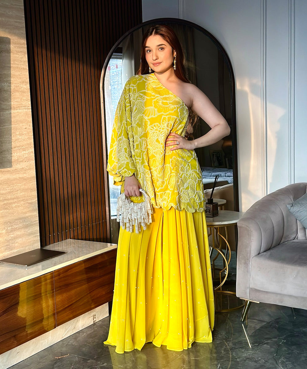 Yellow one-shoulder embroidered Dress